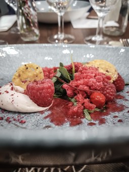 The Tasting Table Cambridge Dulcedo raspberry pepper parmesan sorrel close up