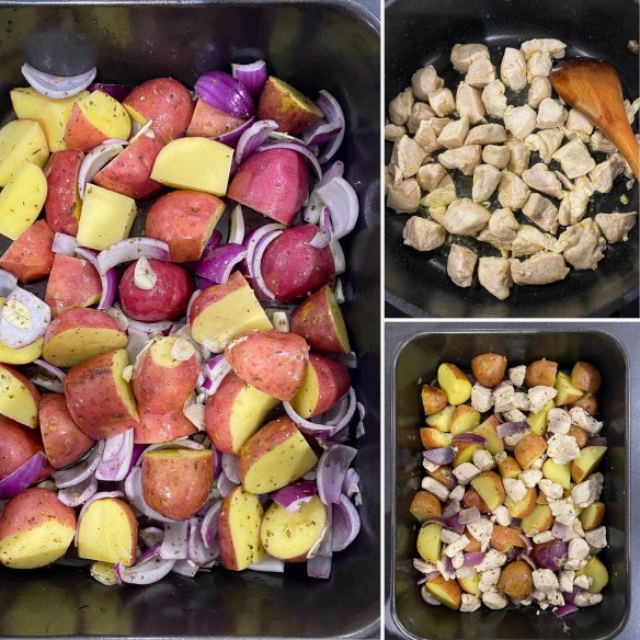 Collage two-pan chicken, red potatoes, red onions