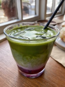 Kanto Cafe Bakery Cambridge iced blueberry matcha latte